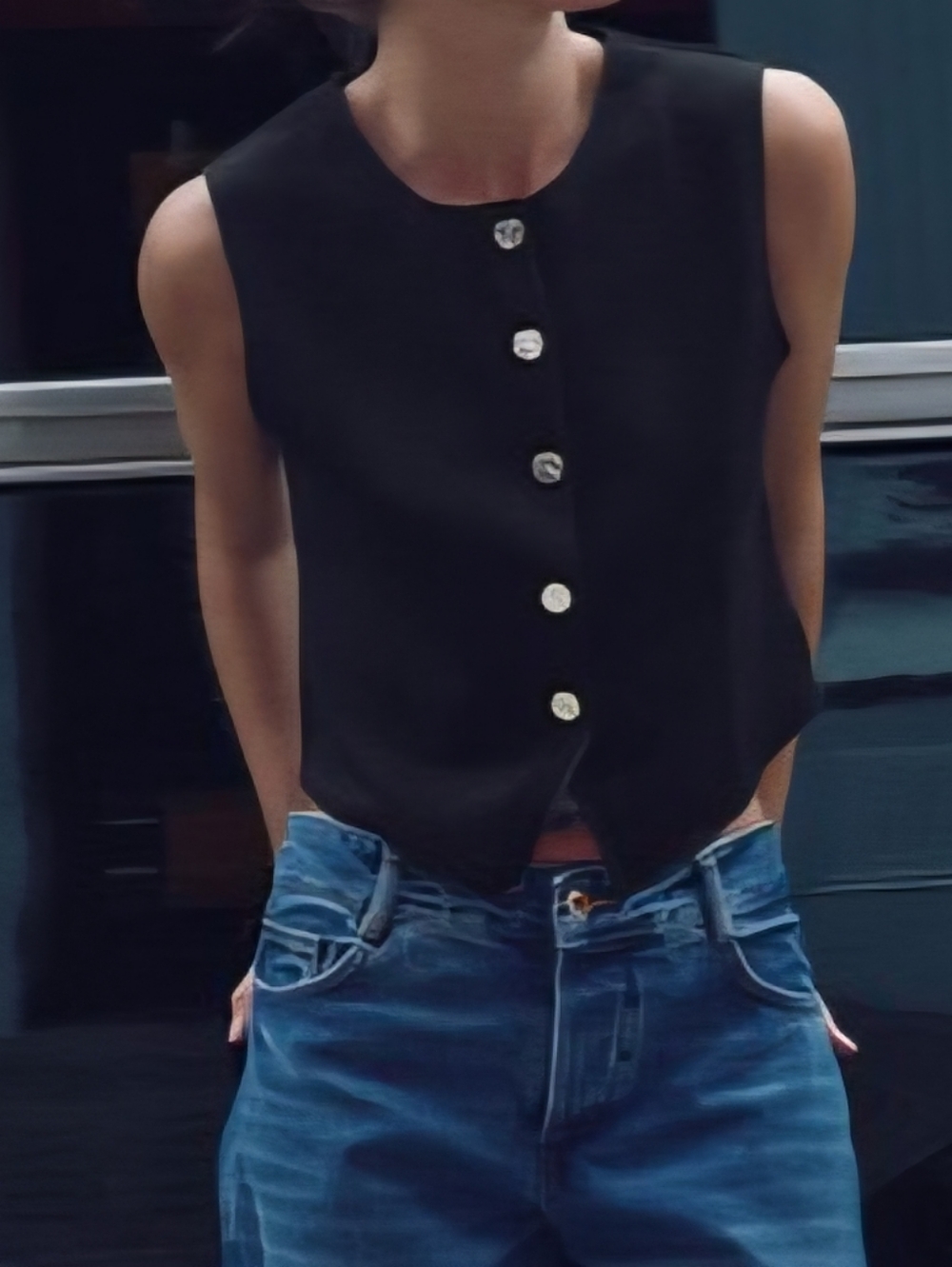 Zara Stretch Knit Vest Top Dark Blue  Sz Small